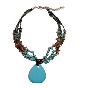 Three strands Howlite, turquoise, amber,  and abalone necklace.